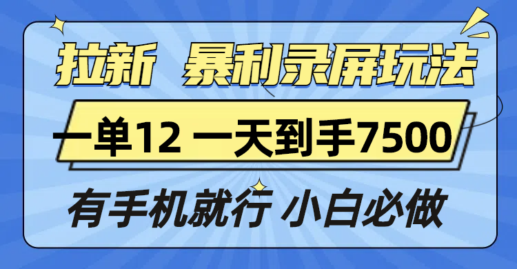 拉新暴利录屏玩法，一单12块，一天到手7500，有手机就行-HEIXMI（中国站）