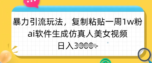 暴力引流玩法，复制粘贴一周1w粉，ai软件生成仿真人美女视频，日入多张-HEIXMI（中国站）