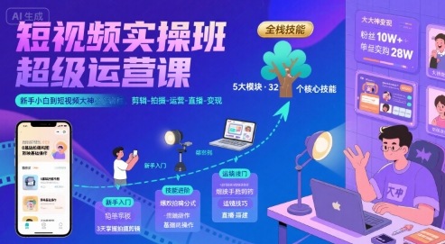 短视频实操班超级运营课，新手小白到短视频大神必修课程，剪辑-拍摄-运营-直播-变现-HEIXMI（中国站）