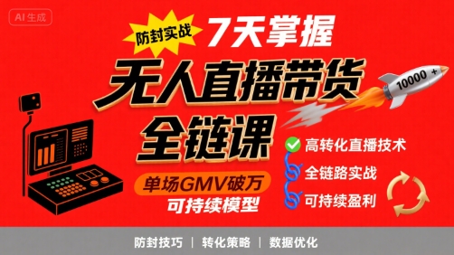 无人直播带货全链防封实战课，7天掌握高转化直播技术，实现单场GMV破万可持续模型-HEIXMI（中国站）
