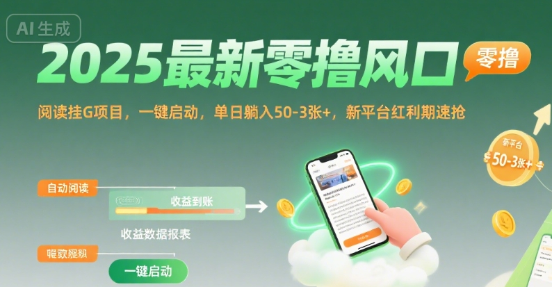 2025最新零撸风口，阅读挂G项目，一键启动，单日躺入 50-3张+，新平台红利期速抢【揭秘】-HEIXMI（中国站）
