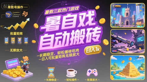暑假三款热门游戏自动搬砖，长期稳定，轻松搬砖吃肉，日入1k ，可批量矩阵无限放大【揭秘】-HEIXMI（中国站）