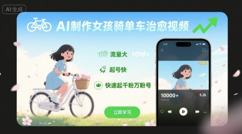 AI制作女孩骑单车治愈视频，流量大，起号快，快速起千粉万粉号-HEIXMI（中国站）