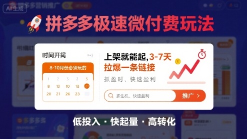 8月26号拼多多极速微付费玩法，8-10月份必须玩的，上架就能起，3-7天拉爆一条链接-HEIXMI（中国站）