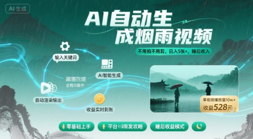 不用拍不用剪！AI自动生成烟雨视频，日入5张+，睡后收入-HEIXMI（中国站）