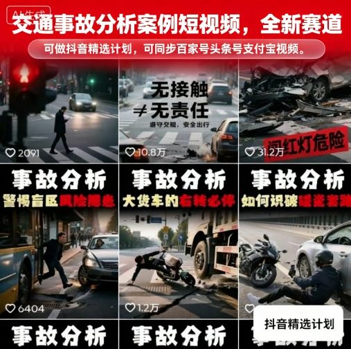 交通事故分析案例短视频，全新赛道，可做抖音精选计划，可同步百家号头条号支付宝视频号平台-HEIXMI（中国站）