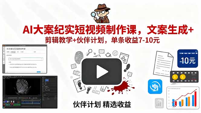AI大案纪实短视频制作课，文案生成+剪辑教学+伙伴计划，单条收益7-10元-HEIXMI（中国站）