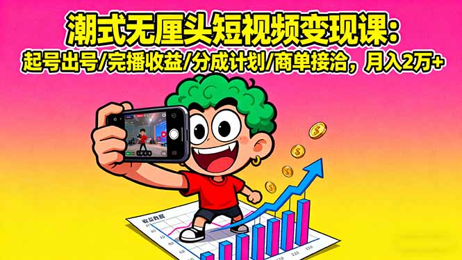 潮式无厘头短视频变现课：起号出号/完播收益/分成计划/商单接洽，月入2万+-HEIXMI（中国站）