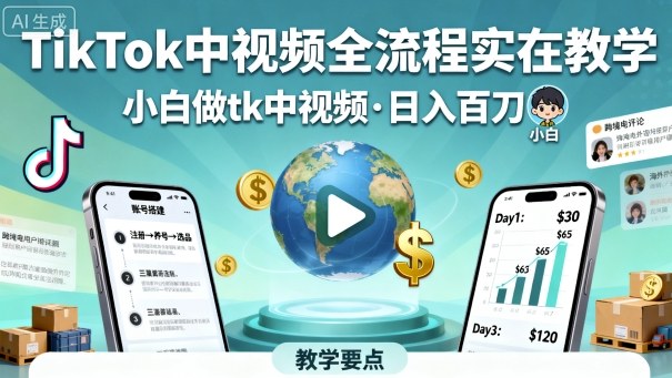 TikTok中视频全流程实操教学，小白做tk中视频，日入百刀-HEIXMI（中国站）