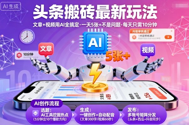 头条搬砖最新玩法，文章+视频用AI全搞定，一天5张+不是问题，每天只需10分钟-HEIXMI（中国站）