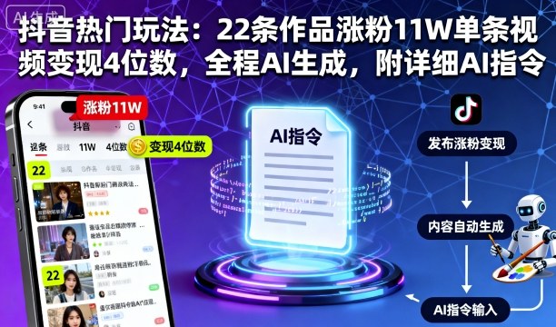 抖音热门玩法：22条作品涨粉11W单条视频变现4位数，全程AI生成，附详细AI指令-HEIXMI（中国站）