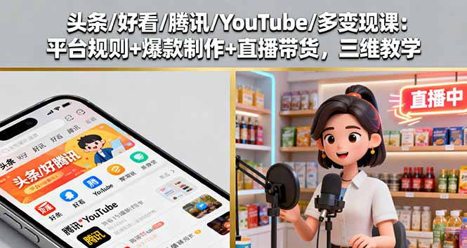 头条/好看/腾讯/YouTube/多变现课：平台规则+爆款制作+直播带货，三维教学-HEIXMI（中国站）