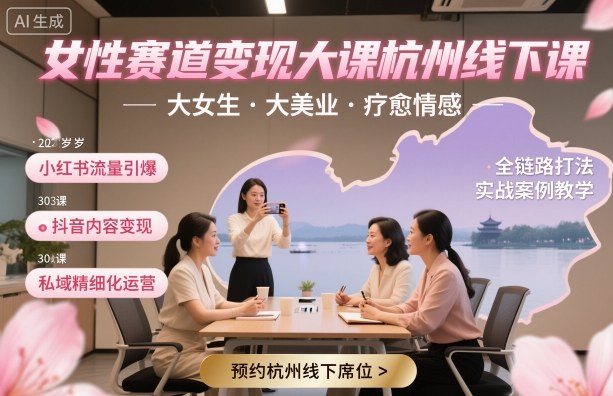 女性赛道变现大课杭州线下，大女生，大美业，疗愈情感，一套小红书、抖音、私域全链路打法-HEIXMI（中国站）