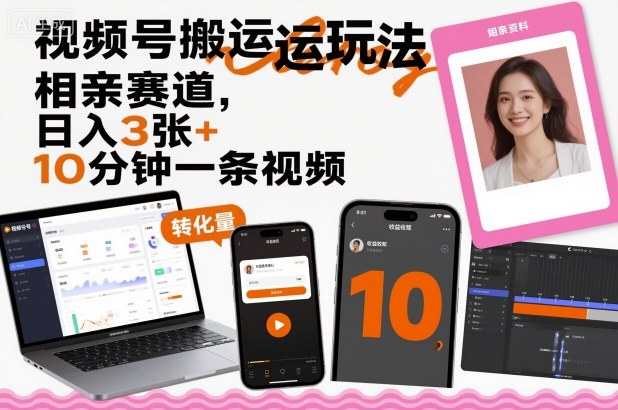 视频号搬运玩法，相亲赛道，日入3张+，10分钟一条视频-HEIXMI（中国站）