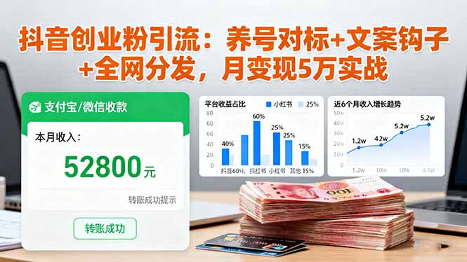 抖音创业粉引流：养号对标+文案钩子+全网分发，月变现5万实战-HEIXMI（中国站）