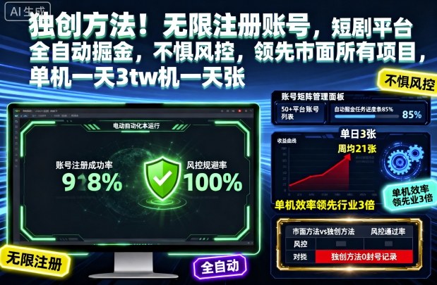 独创方法！无限注册账号，短剧平台全自动掘金，不惧风控，领先市面所有项目，单机一天3张【揭秘】-HEIXMI（中国站）