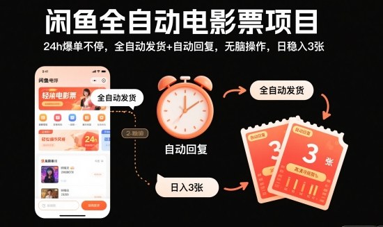 闲鱼全自动电影票项目，24h爆单不停，全自动发货+自动回复，无脑操作，日稳入3张【揭秘】-HEIXMI（中国站）