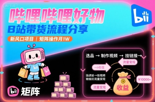 哔哩哔哩好物，B站带货流程分享，新风口项目，矩阵操作月1W-HEIXMI（中国站）
