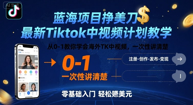 蓝海项目挣美刀，最新Tiktok中视频计划教学，从0-1教你学会海外TK中视频，一次性讲清楚-HEIXMI（中国站）