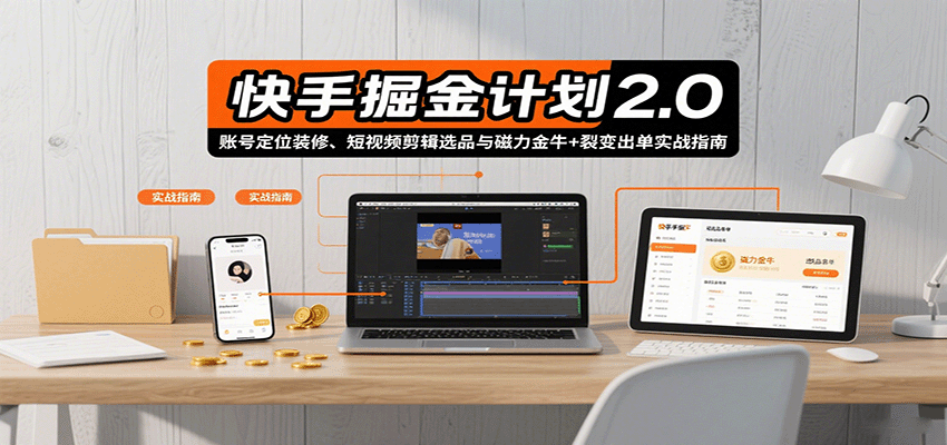 快手掘金计划2.0，账号定位装修、短视频剪辑选品与磁力金牛+裂变出单实战指南-HEIXMI（中国站）