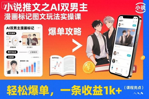 小说推文之AI双男主漫画标记图文玩法实操课，轻松爆单，一条收益1k+-HEIXMI（中国站）