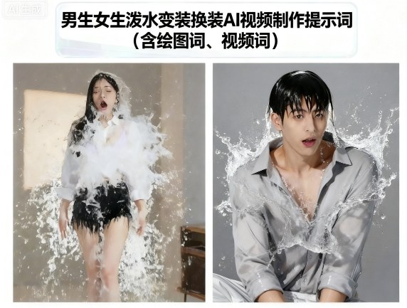 男生女生泼水变装换装AI视频制作提示词(含绘图词、视频词)-HEIXMI（中国站）