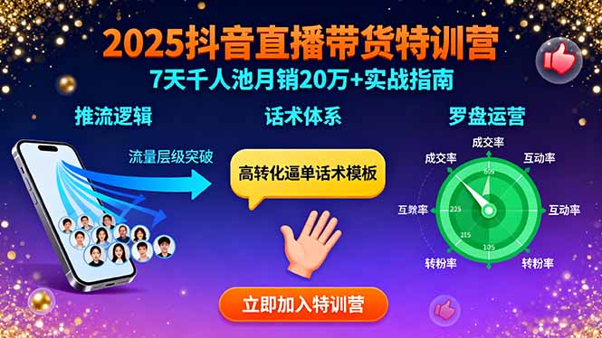 2025抖音直播带货特训：推流逻辑、话术体系、罗盘运营,7天千人池月销20万+-HEIXMI（中国站）