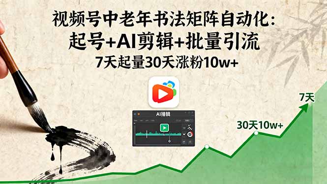 视频号中老年书法矩阵自动化：起号+AI剪辑+批量引流 7天起量30天涨粉10w+-HEIXMI（中国站）