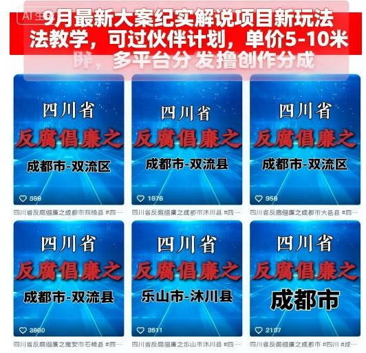 9月最新大案纪实解说项目新玩法教学，可过伙伴计划，单价5-10米，多平台分发撸创作分成-HEIXMI（中国站）