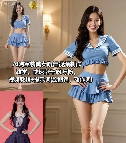 AI海军装美女跳舞视频制作教学，快速涨千粉万粉，视频教程+提示词(绘图词、动作词)-HEIXMI（中国站）