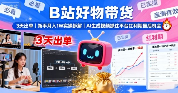 B站好物带货，3天出单，新手月入1W实操拆解，AI生成视频，抓住平台红利期最后机会-HEIXMI（中国站）