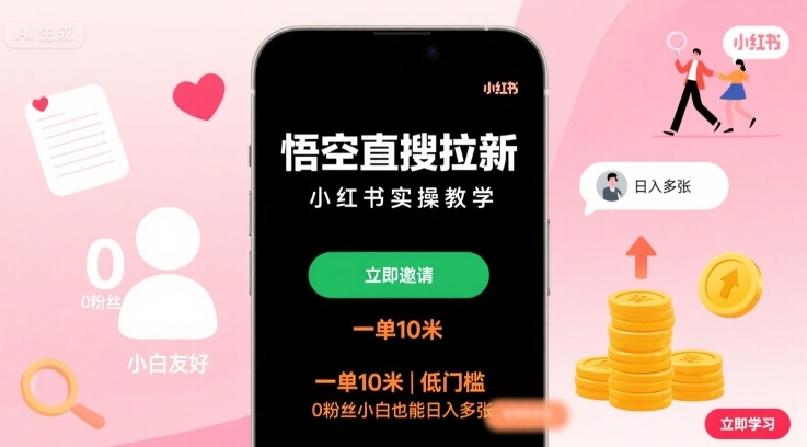 悟空直搜拉新小红书实操教学，一单10米，低门槛，0粉丝小白也能日入多张-HEIXMI（中国站）