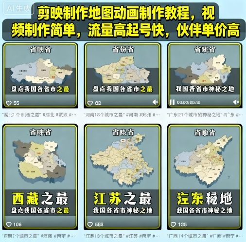 剪映制作地图动画制作教程，视频制作简单，流量高起号快，伙伴单价高-HEIXMI（中国站）