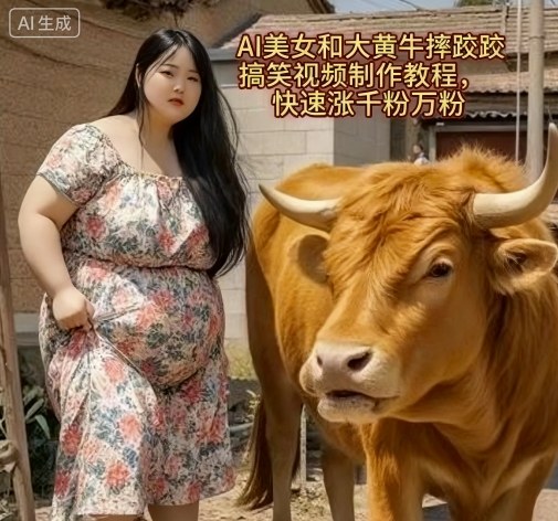 AI美女和大黄牛摔跤搞笑荒诞视频制作教程，快速涨千粉万粉-HEIXMI（中国站）