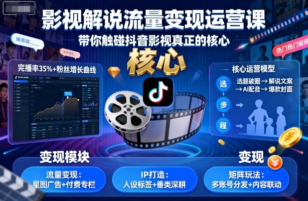 影视解说流量变现运营课，带你触碰抖音影视真正的核心-HEIXMI（中国站）