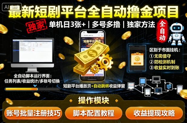 最新短剧平台全自动挂G撸金项目，单机一天3张+，多号多撸，区别于市面所有挂机项目，独家方法【揭秘】-HEIXMI（中国站）