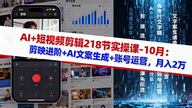 AI+短视频剪辑218节实操课-10月：剪映进阶+AI文案生成+账号运营，月入2万-HEIXMI（中国站）