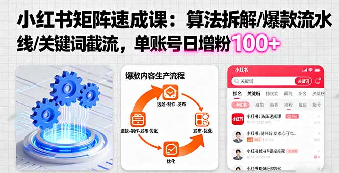 小红书矩阵起号速成课：算法拆解/爆款流水线/关键词截流 单账号日增粉100+-HEIXMI（中国站）
