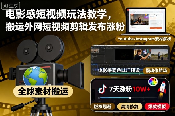 电影感短视频玩法教学，搬运外网短视频剪辑发布涨粉-HEIXMI（中国站）