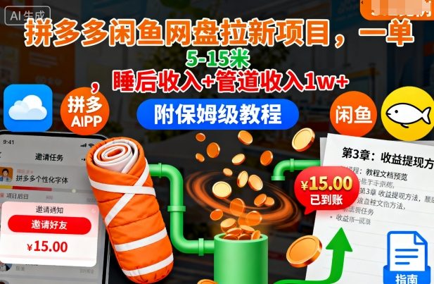 拼多多闲鱼网盘拉新项目，一单5-15米，睡后收入+管道收入1w+(附保姆级教程)-HEIXMI（中国站）