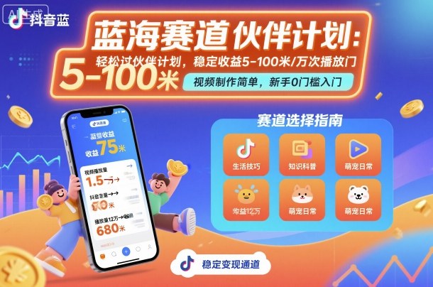 抖音蓝海赛道，轻松过伙伴计划，视频制作简单，万次播放收益在5-100米，稳定收益-HEIXMI（中国站）