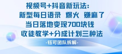 视频号加抖音新玩法：爆火新型每日语录，收徒教学加分成计划，三种变现玩法，当日变现7张-HEIXMI（中国站）