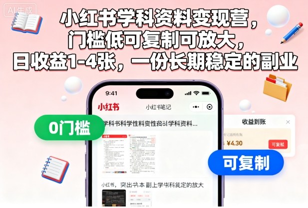 小红书学科资料变现营，门槛低可复制可放大，日收益1-4张，一份长期稳定的副业-HEIXMI（中国站）