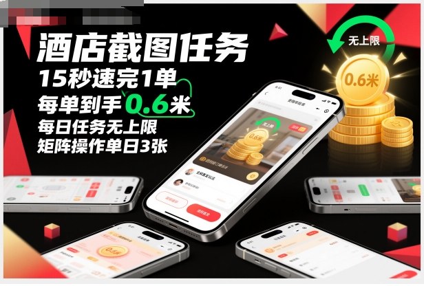 酒店截图任务，15秒速完1单，每单到手0.6米，每日任务无上限，全网首发玩法，矩阵操作单日3张【揭秘】-HEIXMI（中国站）