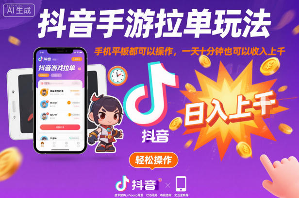 抖音手游拉单玩法，手机平板都可以操作，一天十分钟也可以收入上K【揭秘】-HEIXMI（中国站）