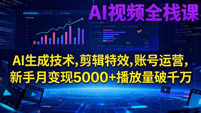 AI视频全栈课:AI生成技术,剪辑特效,账号运营,新手月变现5000+播放量破千万-HEIXMI（中国站）