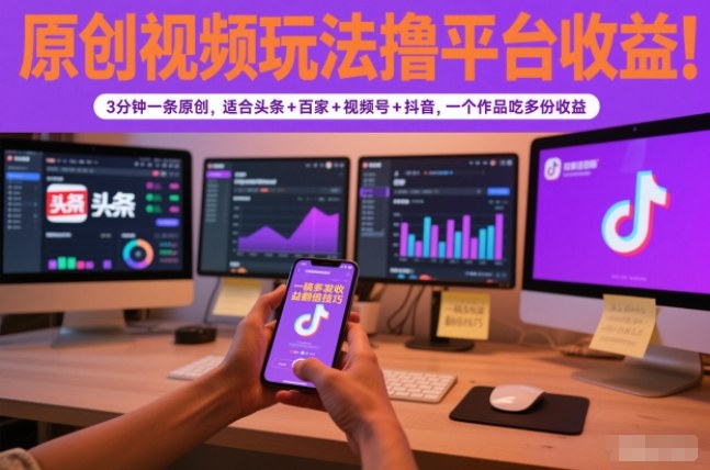 原创视频玩法撸平台收益，3分钟一条原创，适合头条+百家+视频号+抖音，一个作品吃多份收益-HEIXMI（中国站）