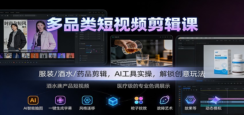多品类短视频剪辑课：服装/酒水/药品剪辑，AI工具实操，解锁创意玩法-HEIXMI（中国站）