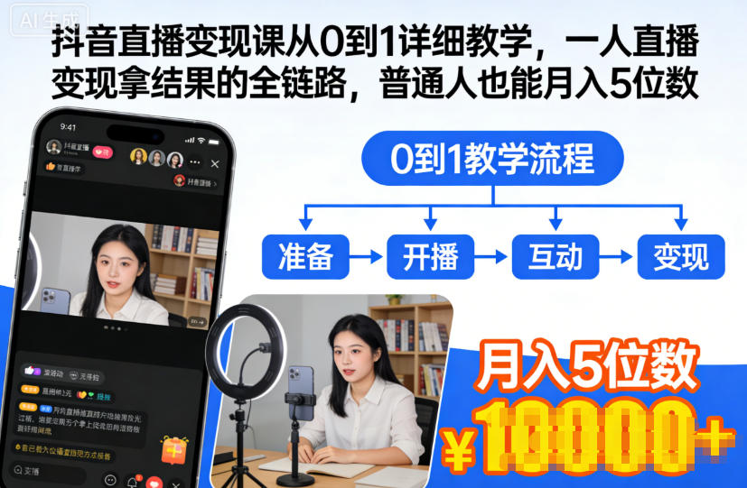 抖音直播变现课从0到1详细教学，一人直播变现拿结果的全链路，普通人也能月入5位数-HEIXMI（中国站）
