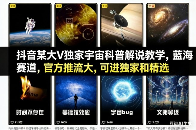 抖音某大V独家宇宙科普解说教学，蓝海赛道，官方推流大，可进独家和精选-HEIXMI（中国站）